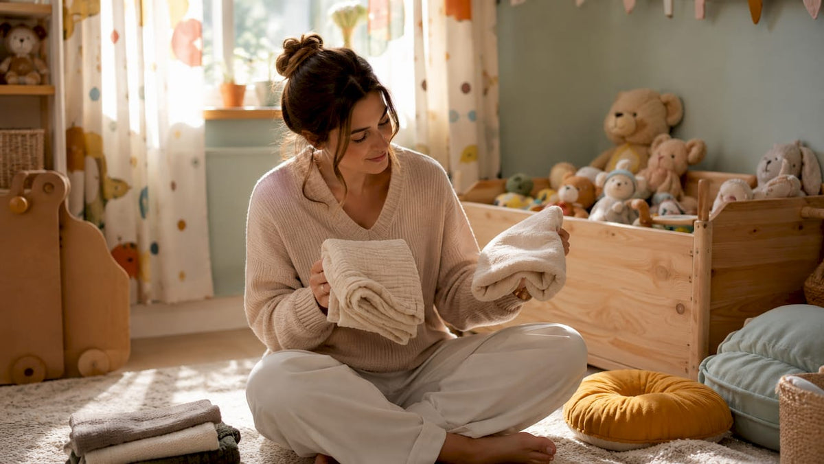 Mother comparing linen and microfibre baby blankets in nursery