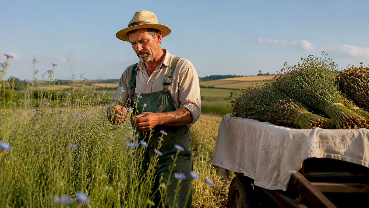 Farmer inspecting flax plants in Normandy field