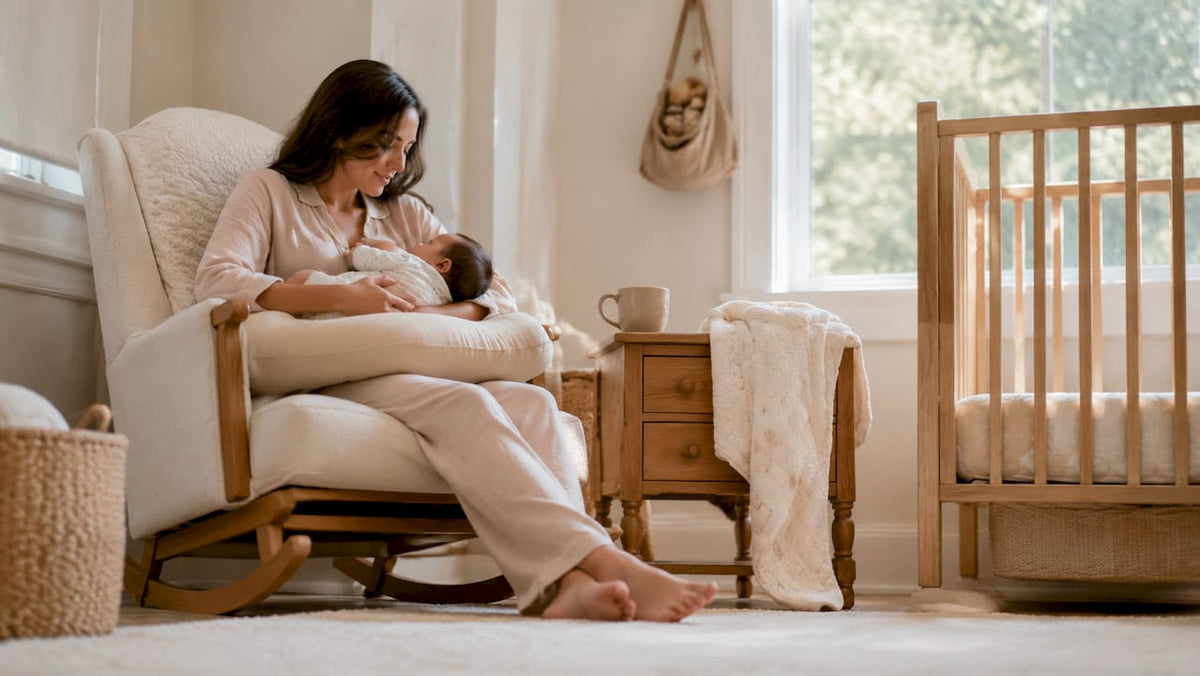 Mother using nursing pillow to feed baby comfortably