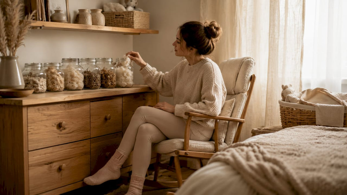 Mother examining sustainable pillow filling samples