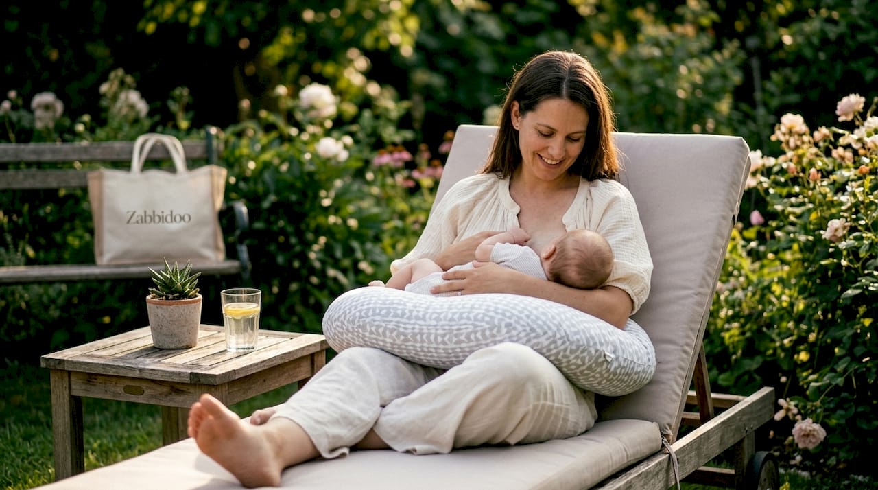 Mother breastfeeding with ergonomic posture in living room