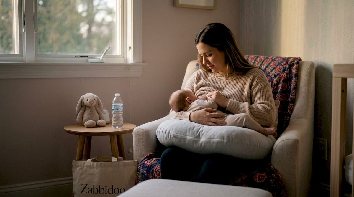 Mother feeding baby using nursery nursing cushion