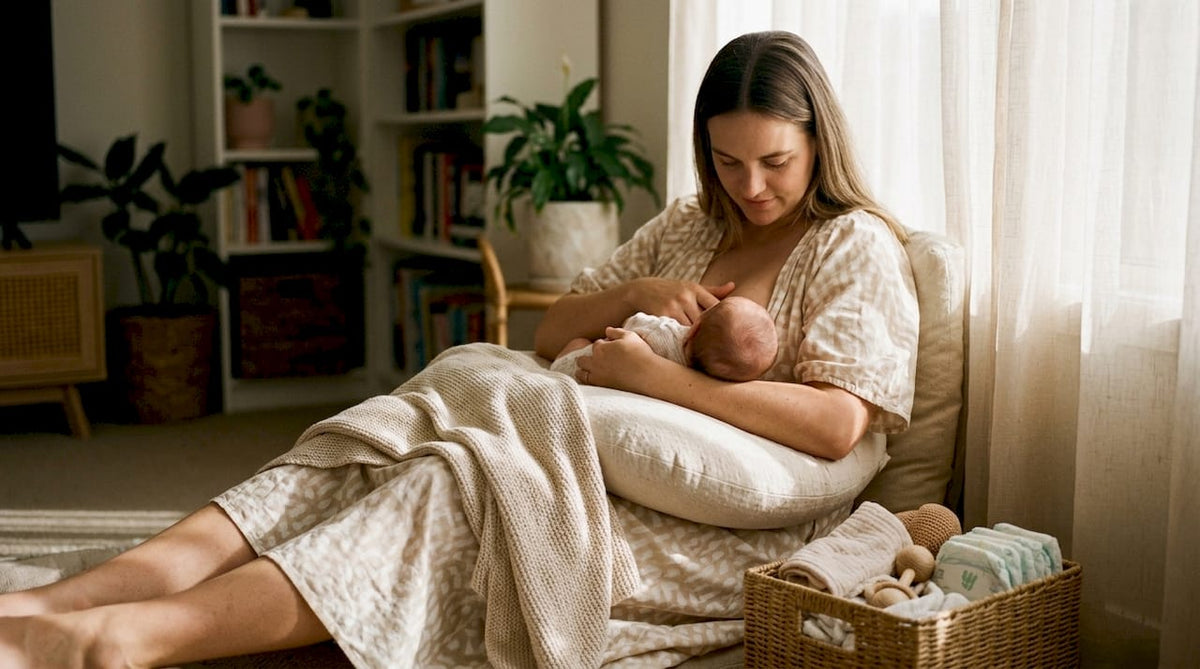 Mother comfortably feeding newborn with nursing pillow