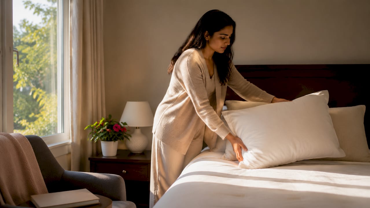 Woman arranging hypoallergenic pillow on bed