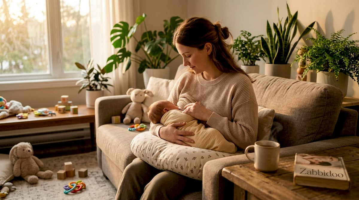 Mother nursing baby comfortably in nursery