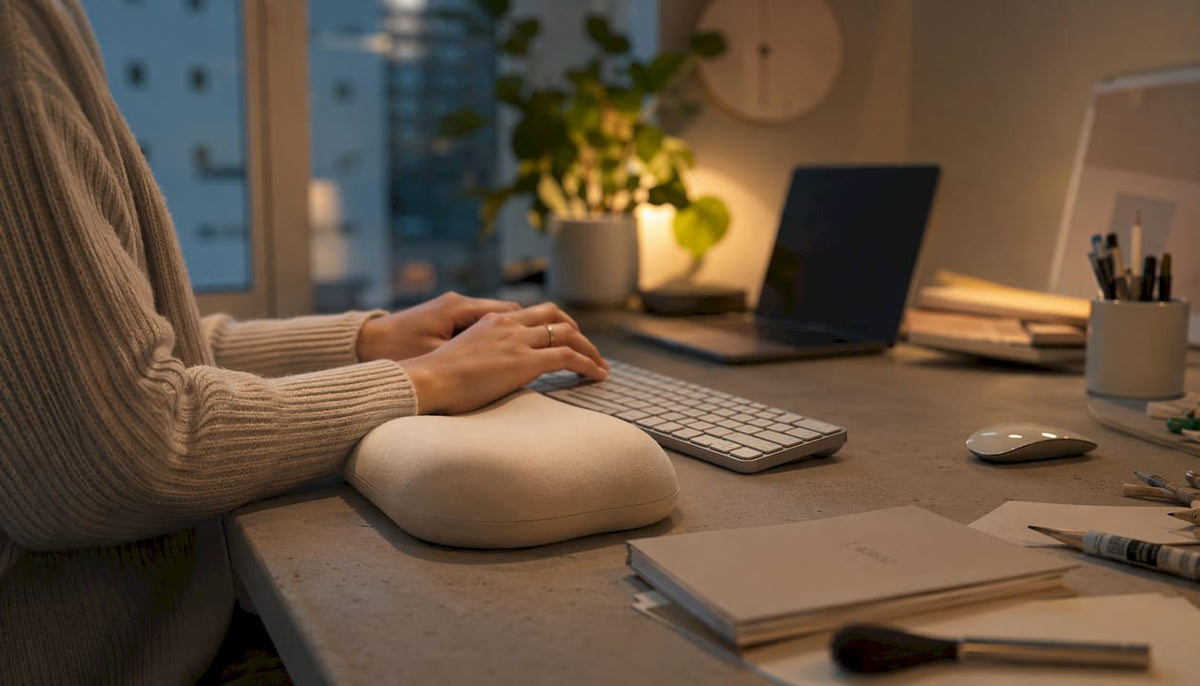 Hands resting on memory foam wrist pillow at desk