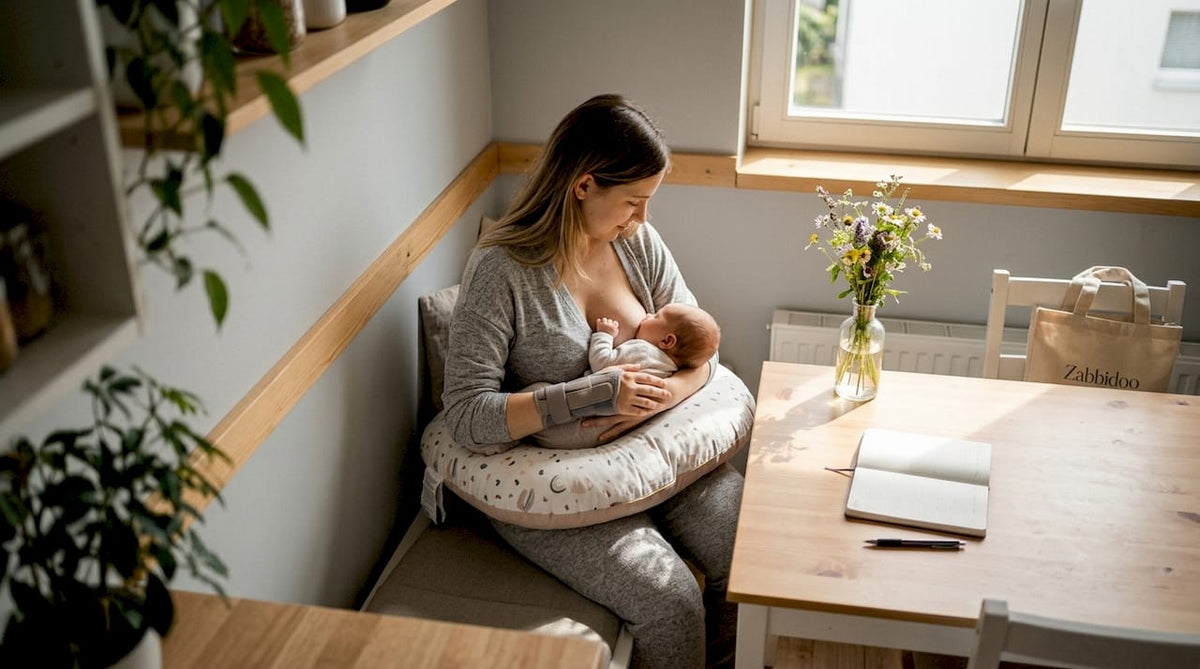 Mother feeding baby with wrist support brace