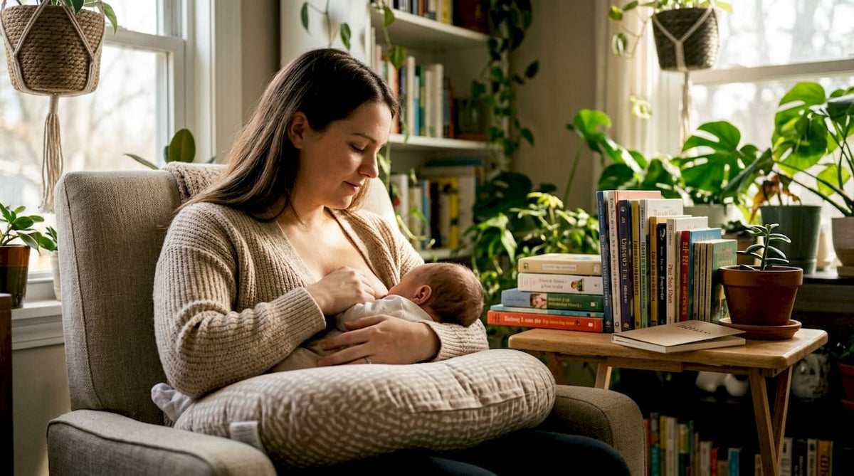 Mother using nursing pillow with good posture support