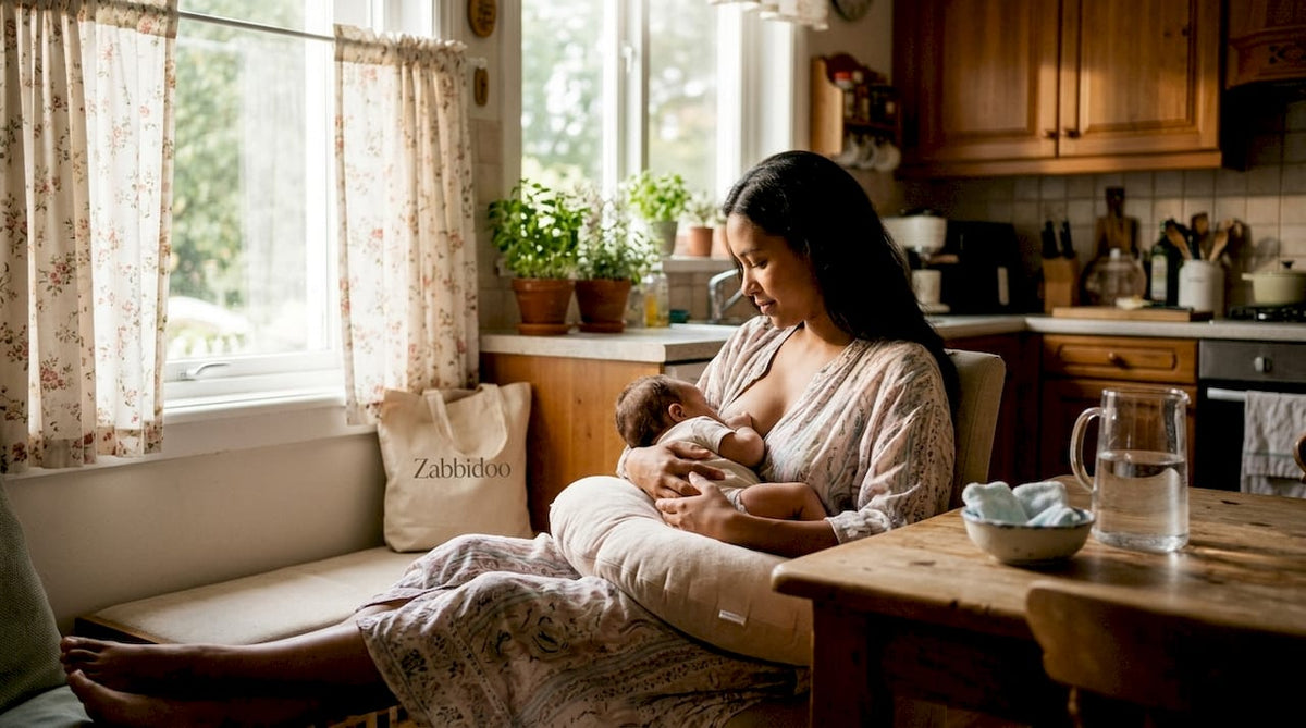 Mother breastfeeding baby with nursing pillow
