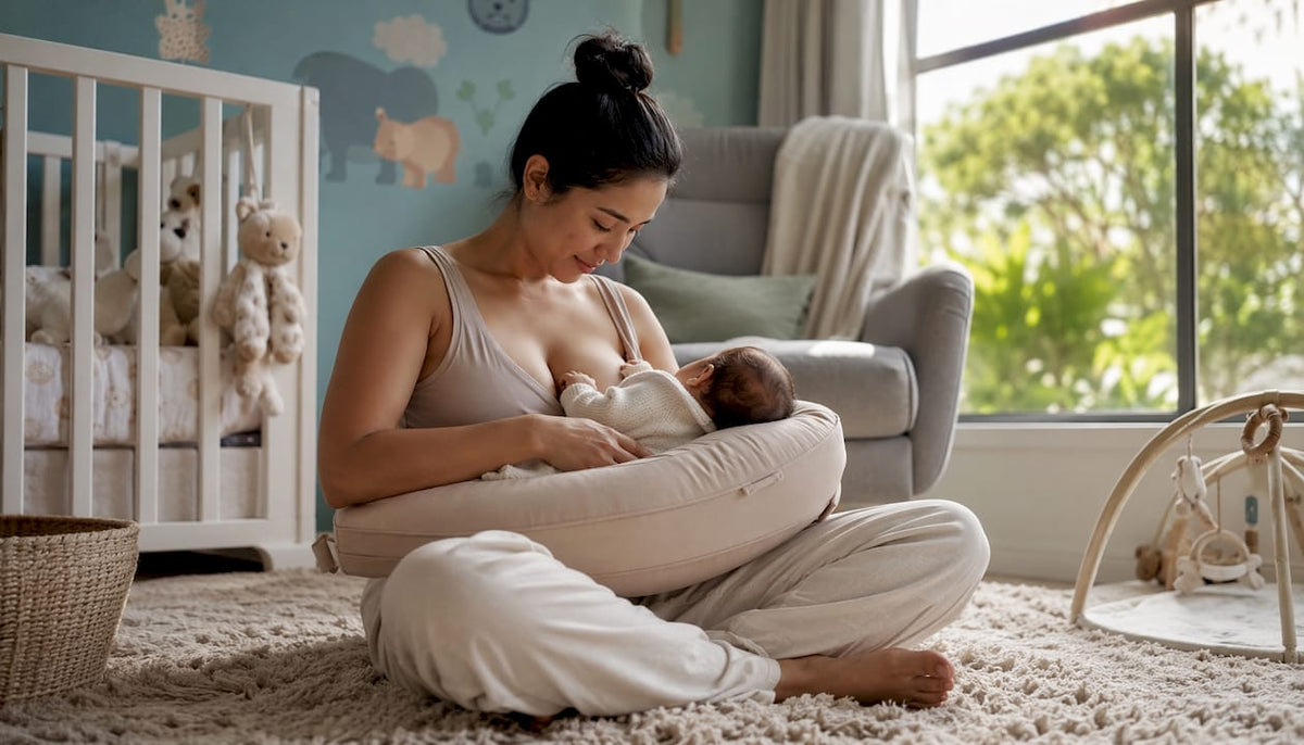 Mother using ergonomic nursing pillow at home