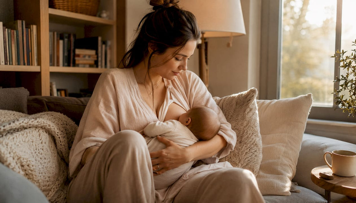 Mother supporting baby in correct feeding posture