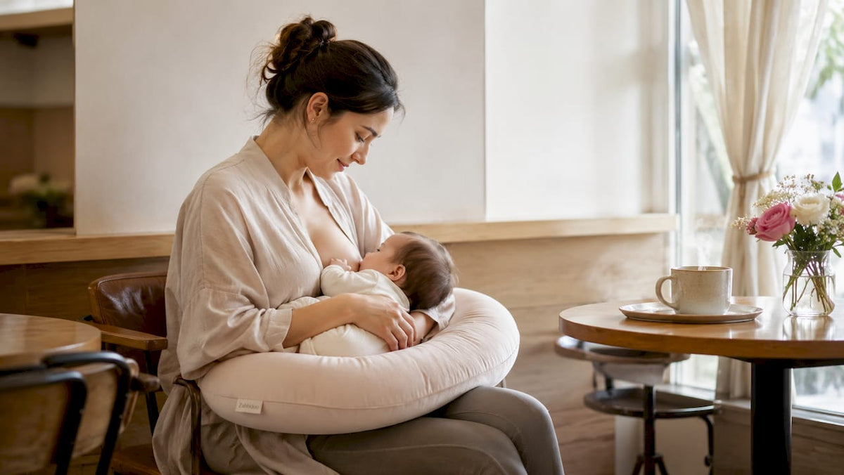 Mother breastfeeding baby using nursing pillow
