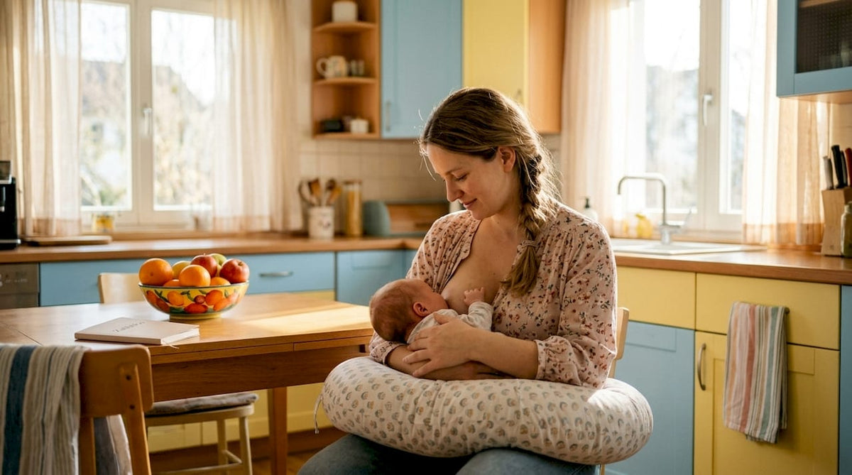 Mother breastfeeding newborn in cozy home