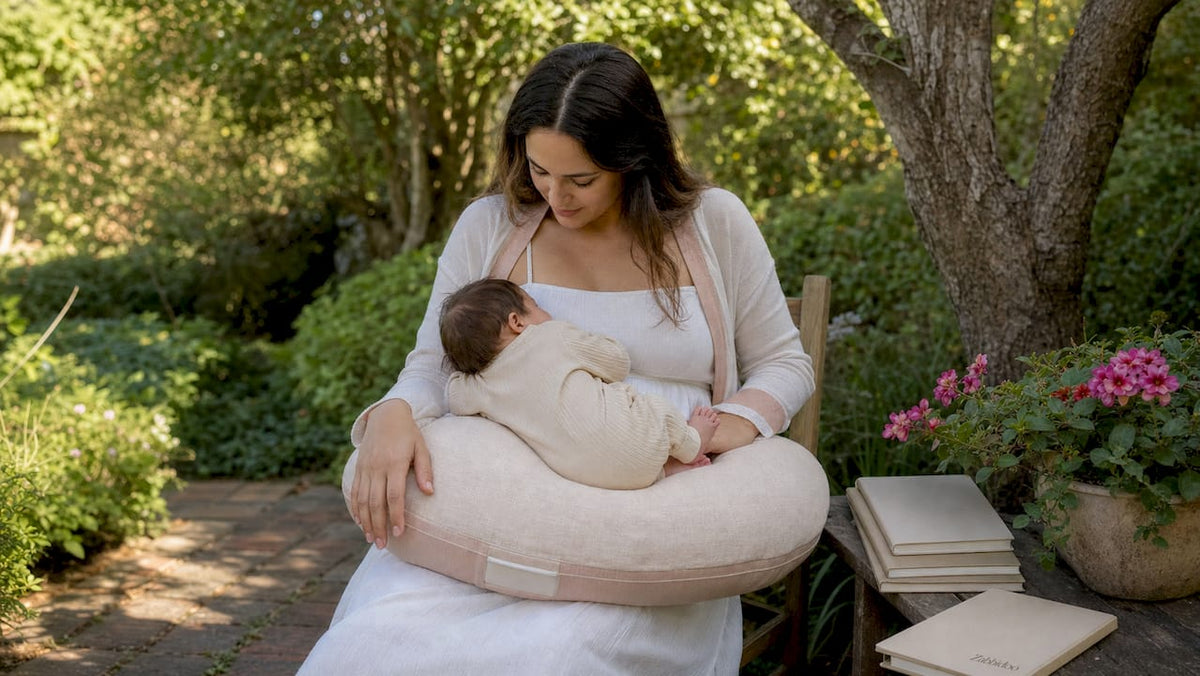 Australian mother using nursing pillow in nursery