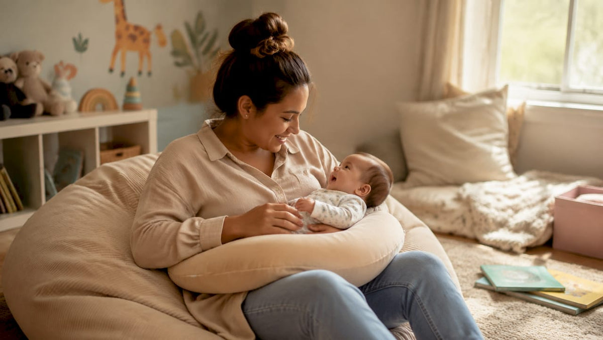 Australian mother adjusting nursing pillow with baby in nursery