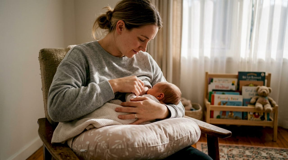 Mother adjusting nursing pillow for feeding