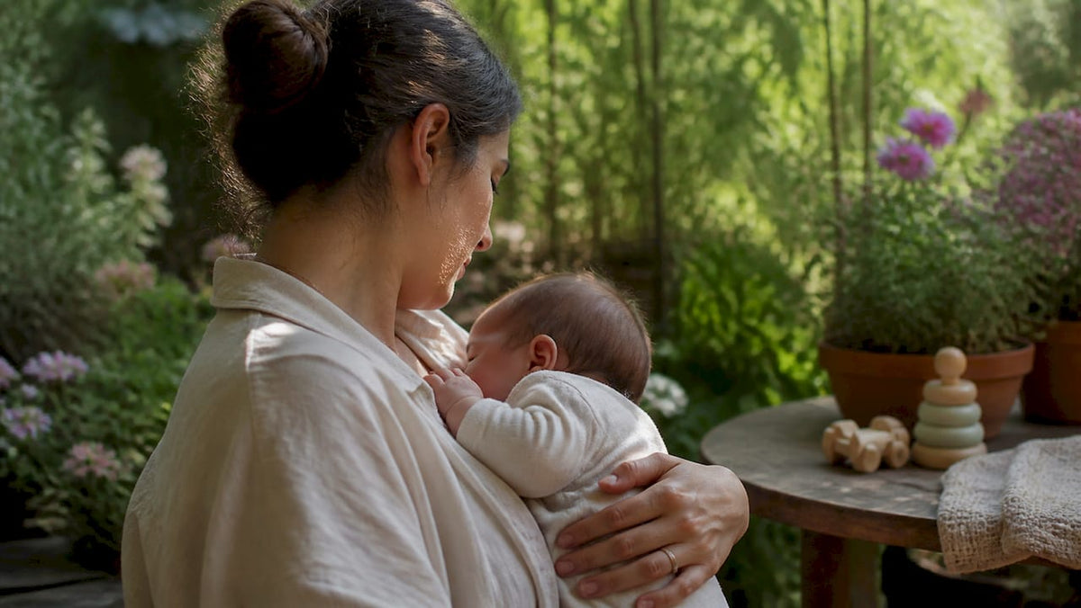 Mother feeding baby upright over shoulder
