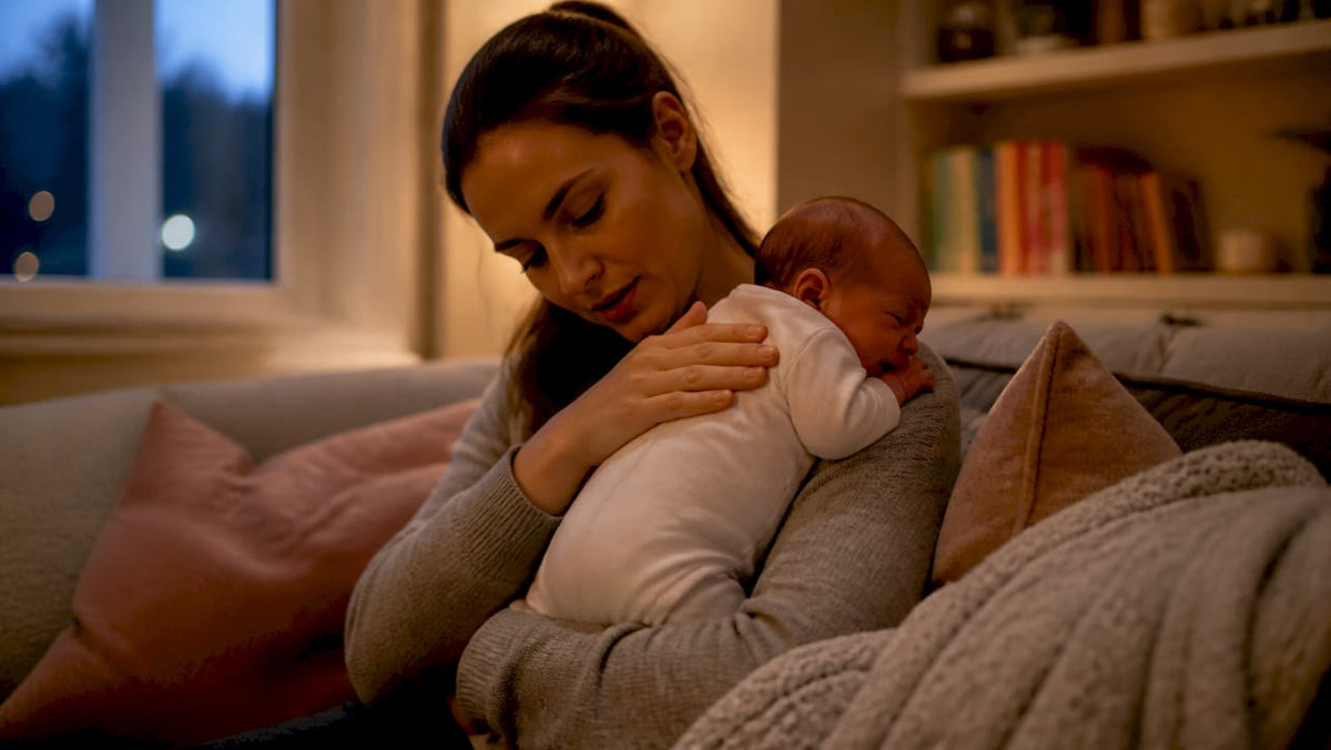 Mother gently burping newborn upright