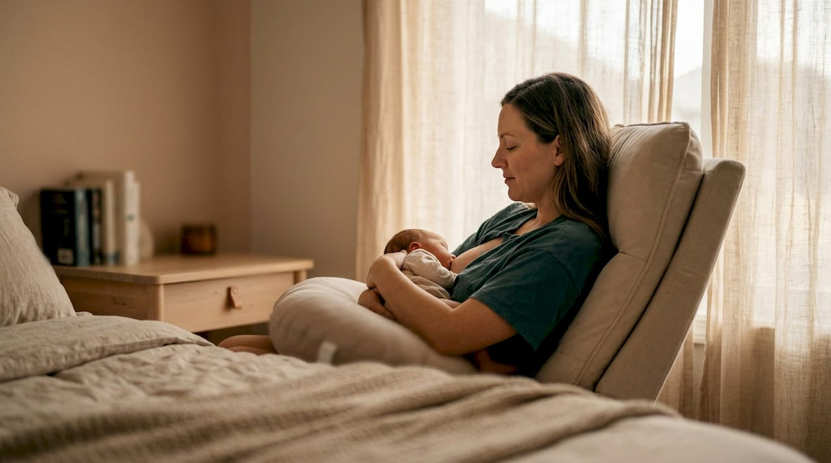 Mother breastfeeding newborn in ergonomic posture