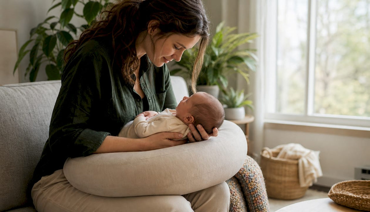 Mother adjusting baby on firm nursing pillow