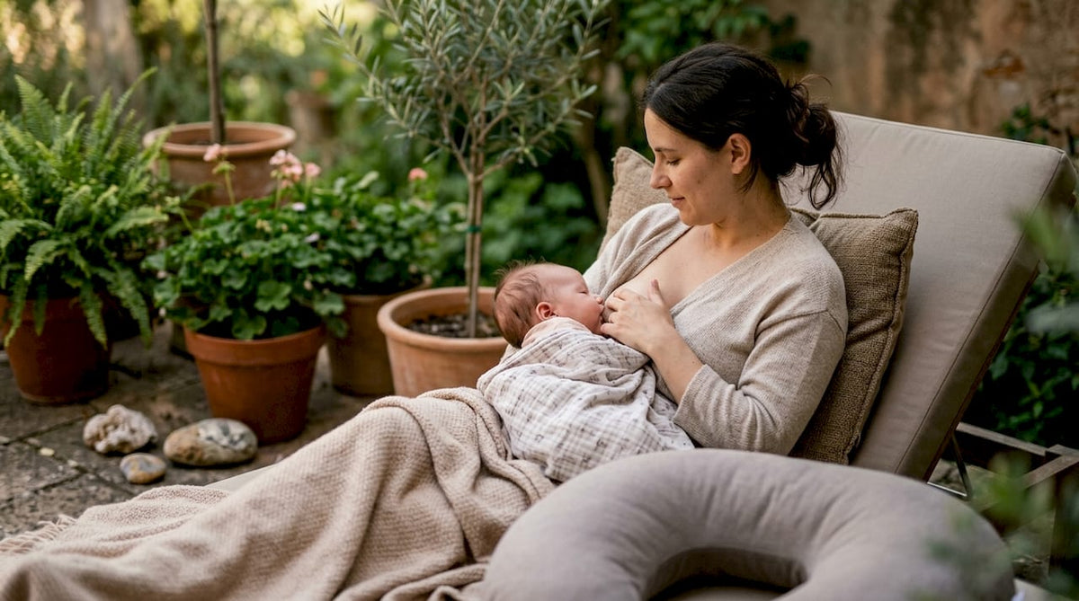 Mother adjusting baby for breastfeeding