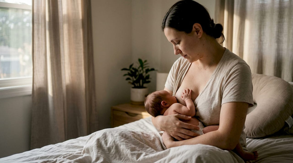 Mother breastfeeding newborn in warm nursery