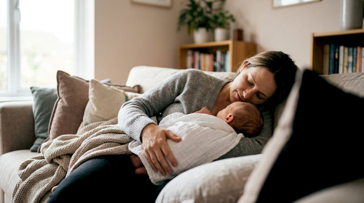 Mother side-lying breastfeeding baby in bedroom