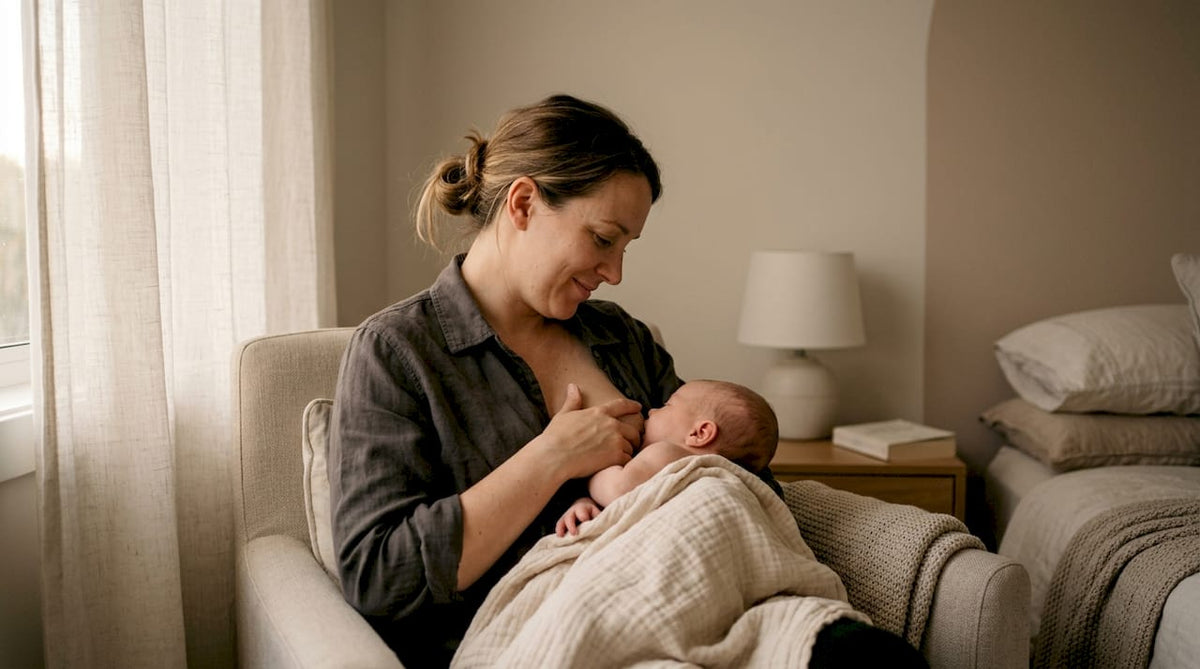 Mother breastfeeding baby in upright reclined hold