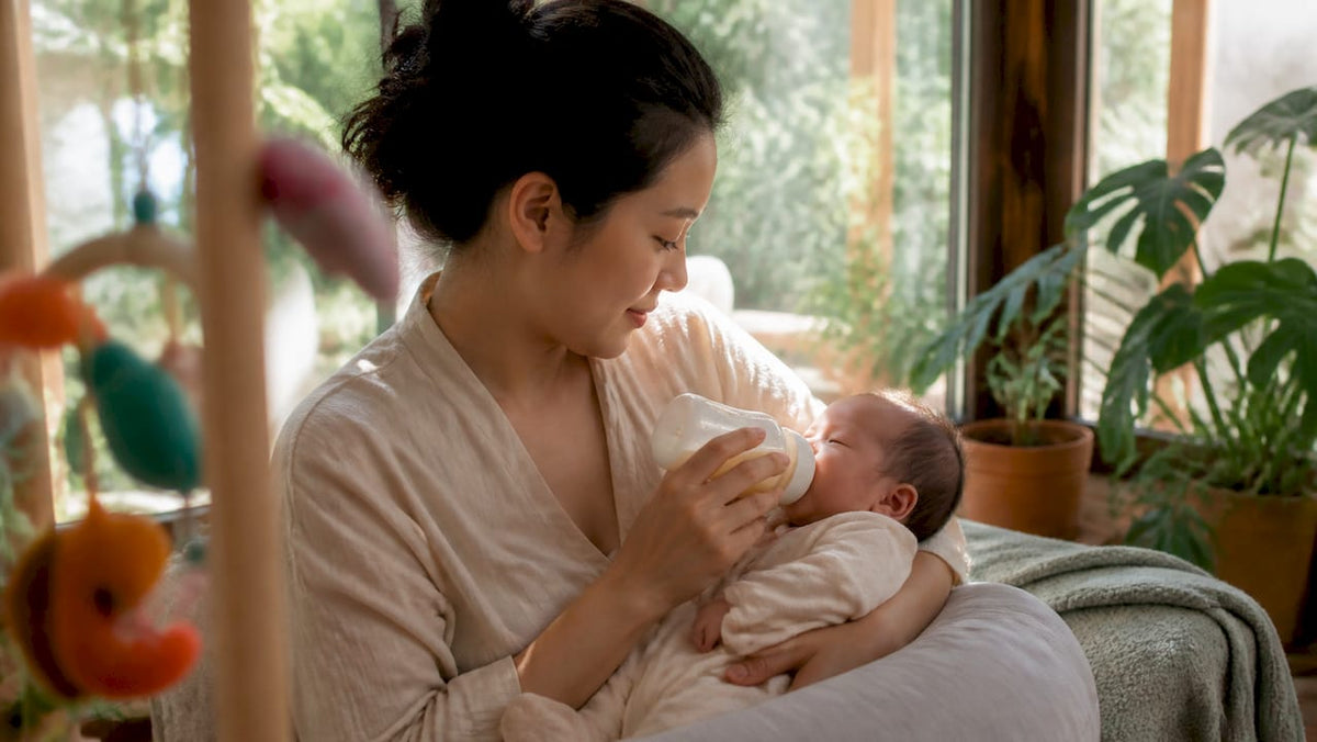 Mother bottle-feeding newborn using pillow support