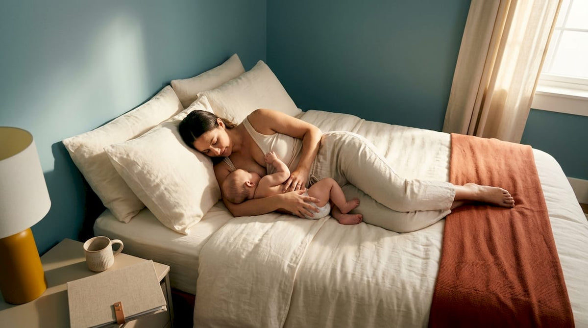 Mother breastfeeding baby side-lying in bed