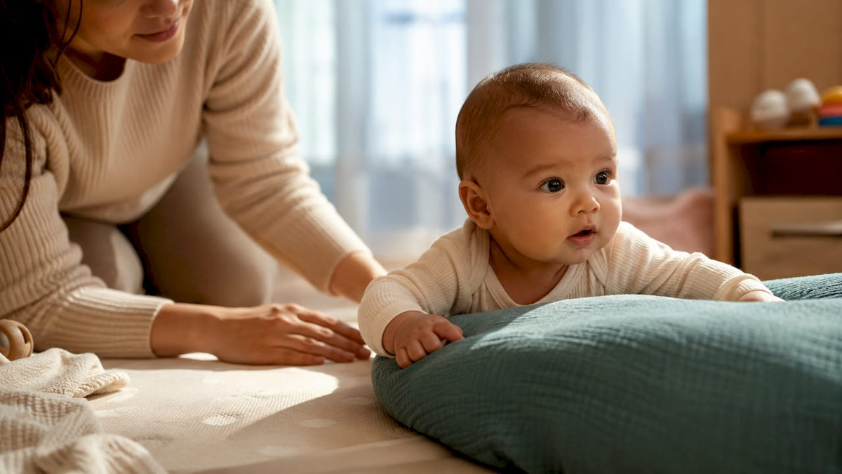Parent supervising baby during supported tummy time