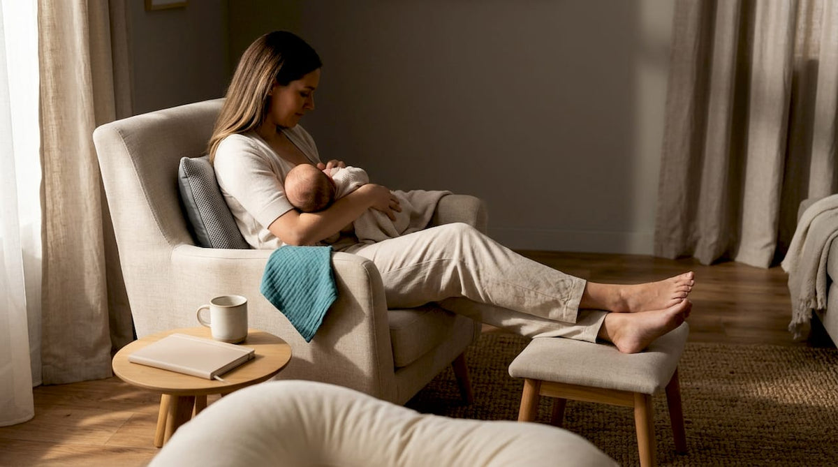 Mother settling into an ergonomic feeding chair
