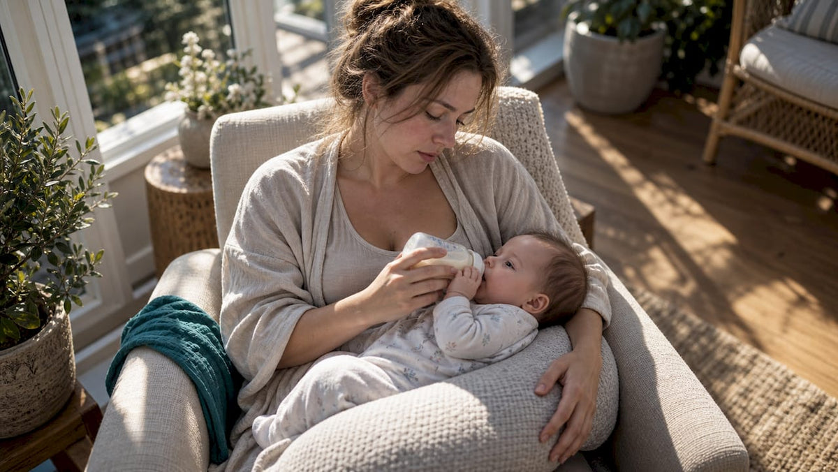 Mother feeding baby with supported upright posture