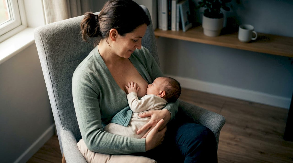 Mother bringing baby toward nipple while feeding