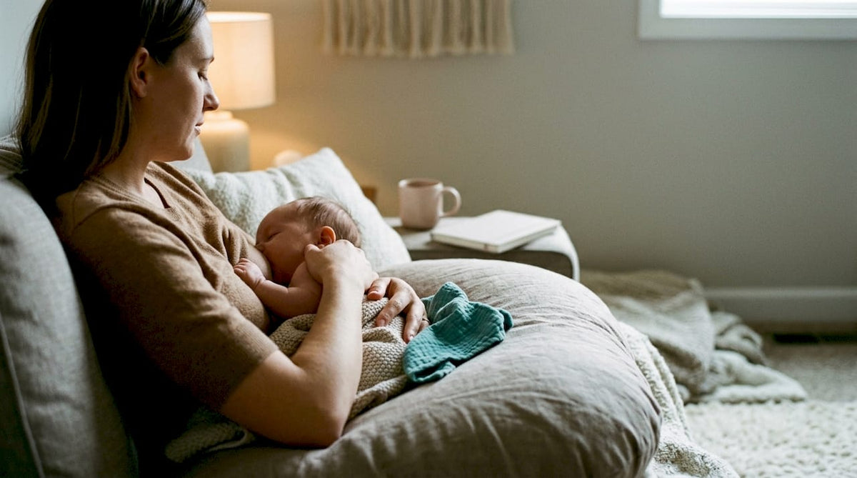 Mother breastfeeding with supported injured shoulder