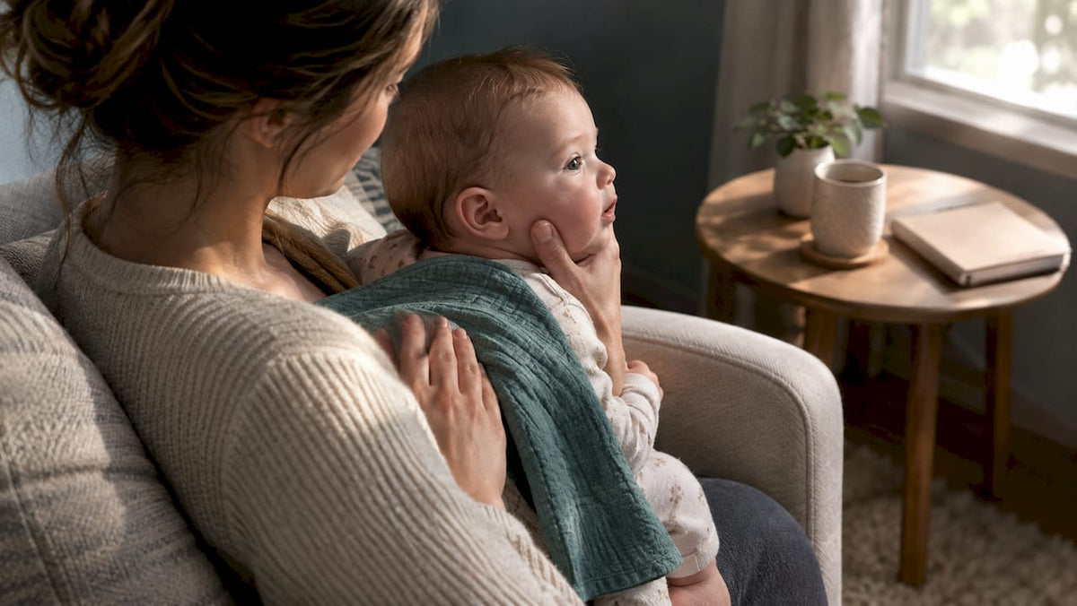 Mother supporting baby upright during burping