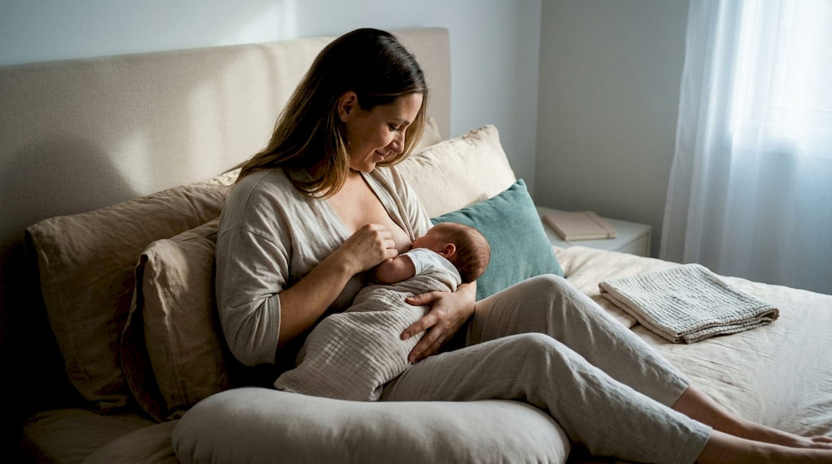 Mother positioning baby in football hold