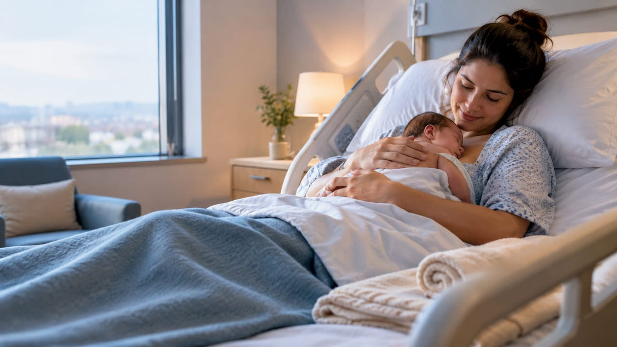 Mother breastfeeding newborn in hospital recovery room