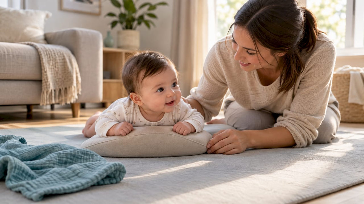 Mother supervising baby tummy time session